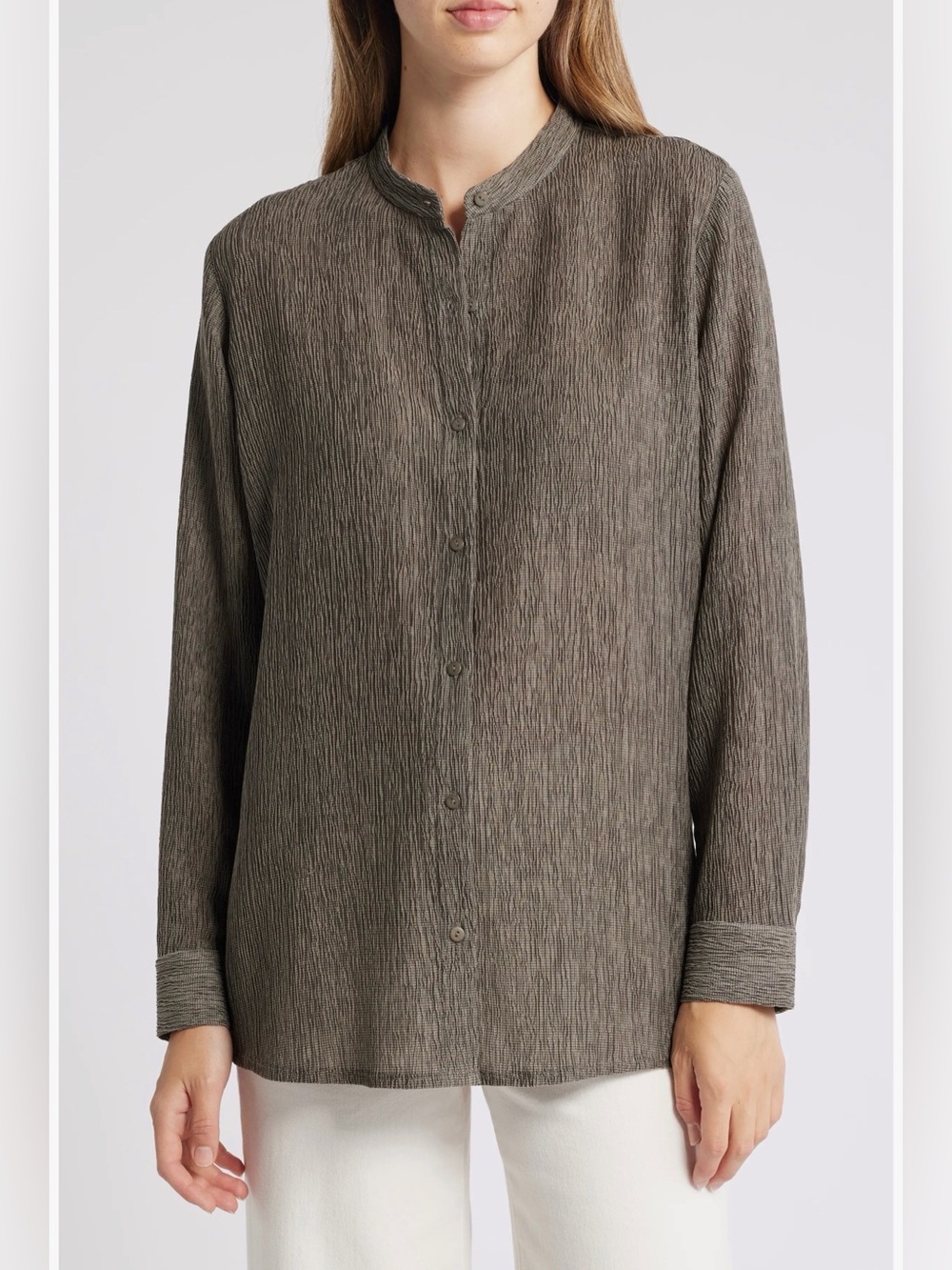 Eileen Fisher 1X Crinkle Band Collar Textured Button Down Blouse Taupe Brown